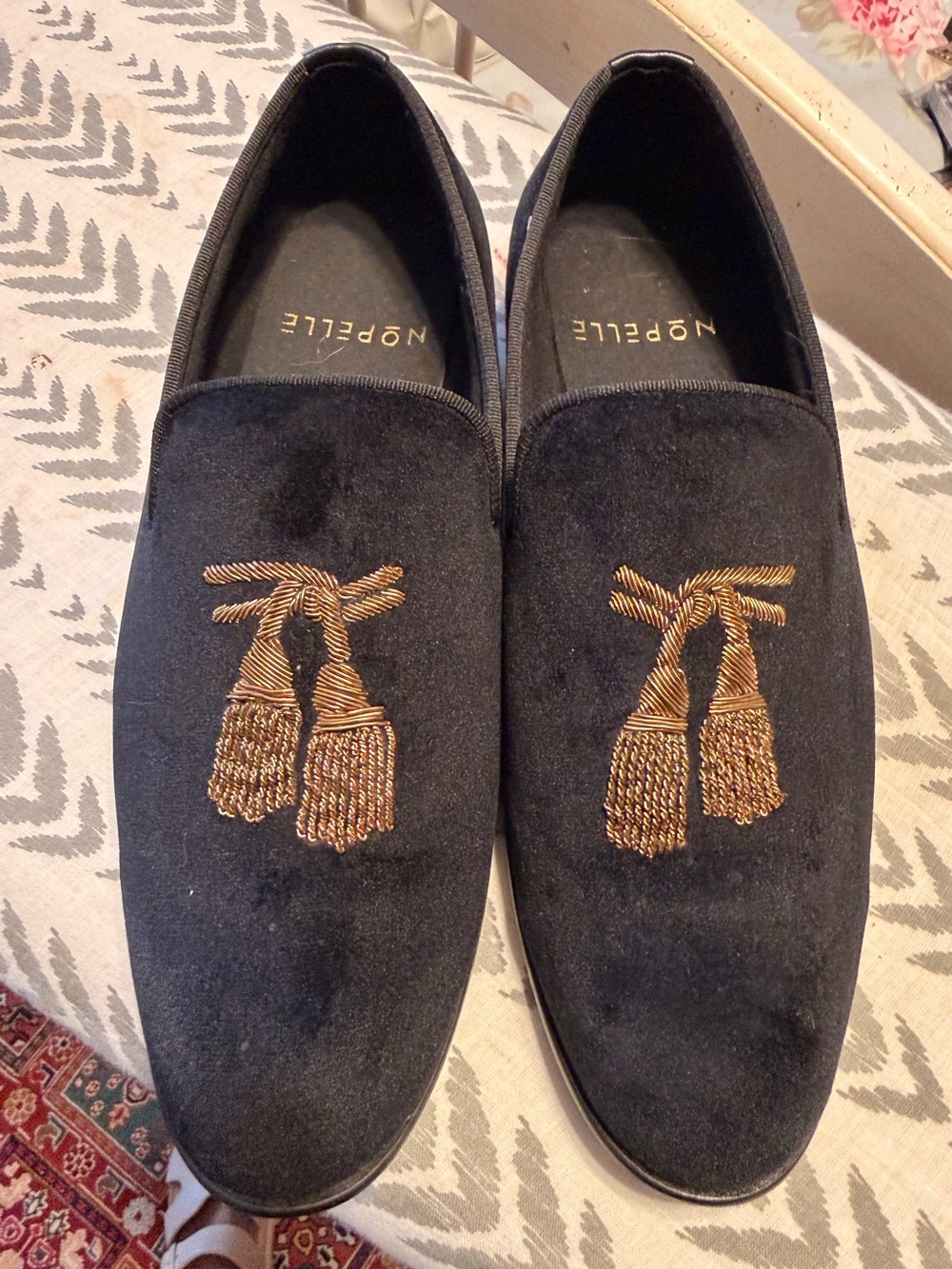 Nopelle Black Velvet Loafers with Gold Tassel Embroidery